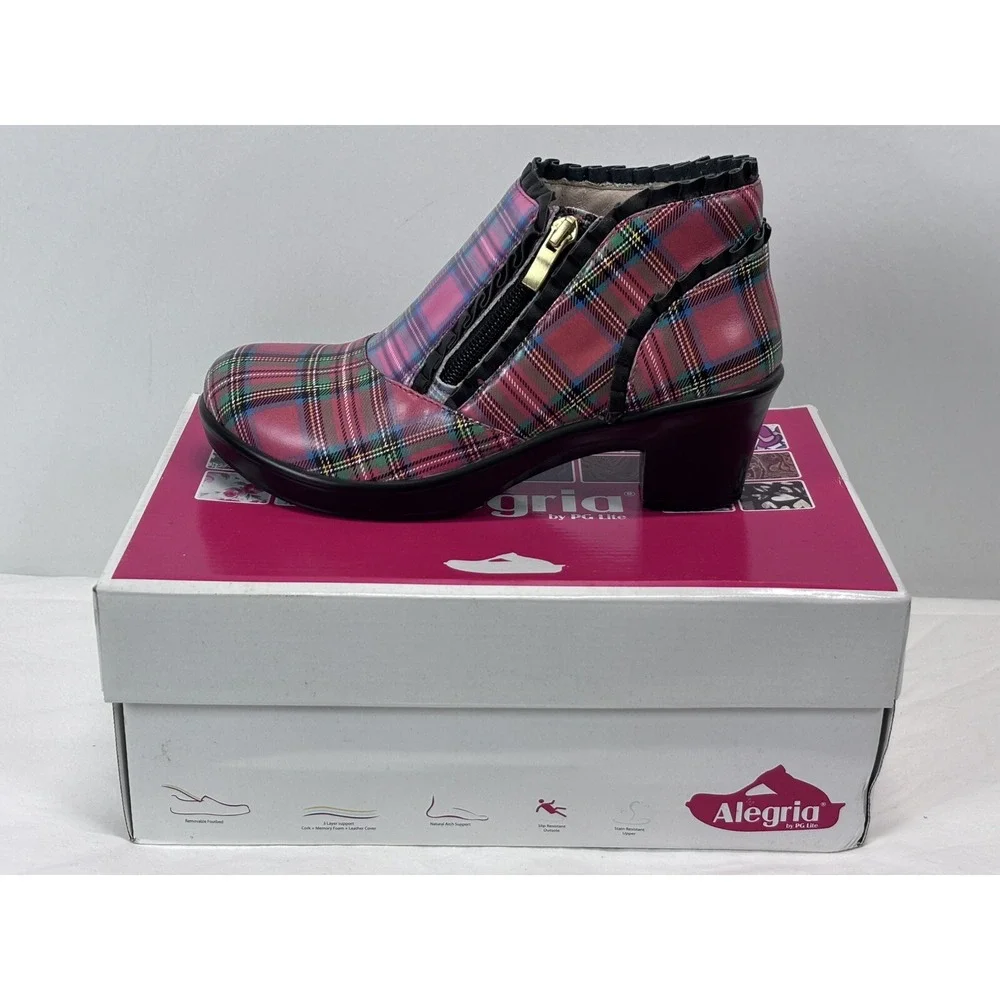NEW! Alegria Hannah Tartan Bootie Sz 36 US 6.5? Women's Red Pink Plaid Zip Shoes